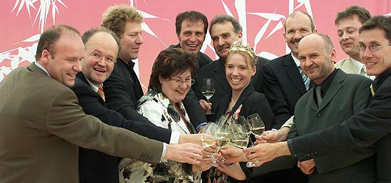 Die mit "Best of Gold" ausgezeichenten Weingüter stoßen auf ihre Auzeichnung mit der fränkischen Weinkönigin an (Foto: Martin Schmitz)